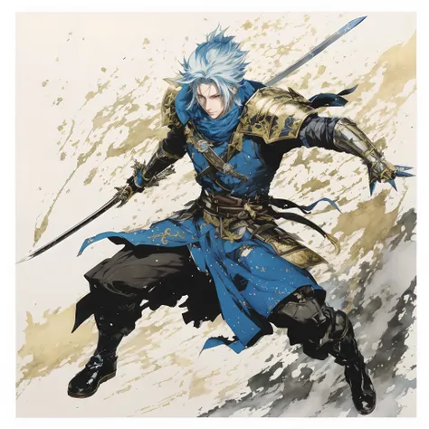 a man with a sword and a blue outfit, amano yoshitaka, bastien yoshitaka amano, style of yoshitaka amano, boris valejo. octopath traveler, masamune shiro, thancred waters in style of wlop, shigenori soejima illustration, thancred waters, vergil