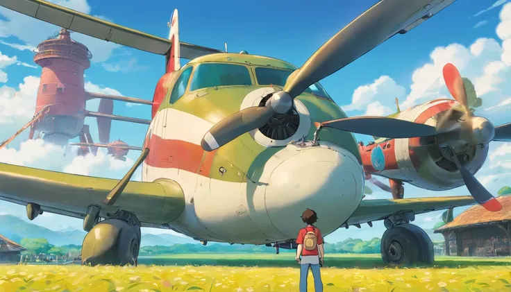 A man taking a selfie and behind him is a propeller plane in front of a hangar. ele usa smartphone galaxy S23 ultra.A imagem deve estar em 4K, no estilo de desenho animado 3D da Pixar, capturando recursos realistas e cativantes, mantendo o apelo visual.