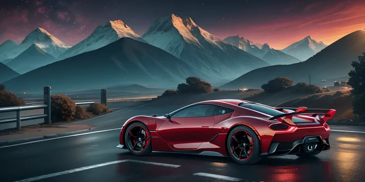 four angle view, futuristic car in red, on a street at night with the road in the background with mountains,8k,hdr ar 16:9 Seed 1394634100 --auto --s2