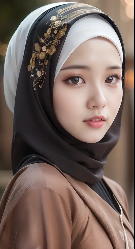 arafed woman wearing a hijab and a brown shirt, closeup portrait shot, beautiful south korean woman, beautiful oriental woman, high quality portrait, asian beautiful face, very beautiful portrait, portrait shot, soft portrait shot 8 k, beautiful portrait p...