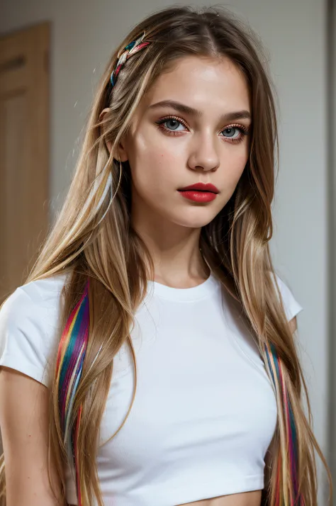 (masterpiece), (best quality:1.0), (ultra highres:1.0), portrait, 1 girl, detailed beautiful, face focus, (heavy mascara), (vivid lipstick), tomboy, skinny, very long hair, Norway face, wallpaper 8k, (white colourful hair), beautiful woman,  makeup, leggin...