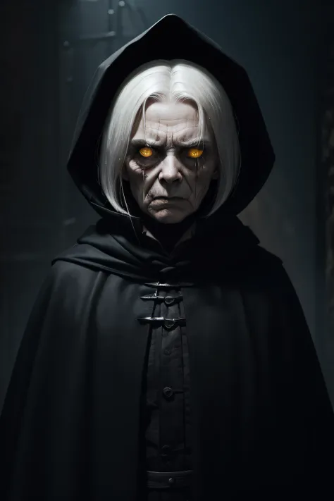 Very old woman, It looks like a corpse, Half of his face was deformed, Angry look, short white-hair, Pale wrinkled skin, yellow pupils, Curved posture, Piercings and evil gaze, Long black cloak, ripped clothing, Crows feather cloak on the back, The left si...