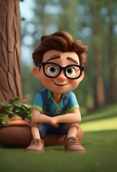 Criar um homem encostado em uma mureta, leve sorriso no rosto, Black frame glasses, cabelos castanhos e ondulados. Uma pessoa feliz com a vida.. o estilo da imagem deve ser ser pixar- disney 3 d. Caractere estilizado, animation style rendering, 3D estiliza...