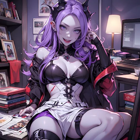 female vampire, white skin, bloody fangs, purple hair, violet eyes, playing a video game. --auto --s2