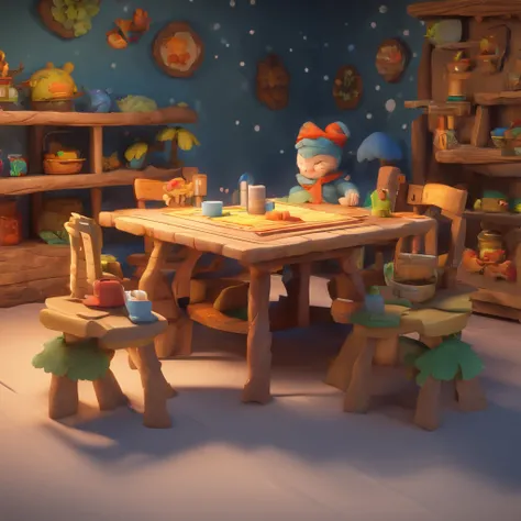 Crie uma cena em 3D no estilo Disney, Show boy vision, Mateo, em seu quarto dormindo descoberto, encolhido por conta do frio, Setting should be of a village located in an icy forest, 3D rendering of,best quality