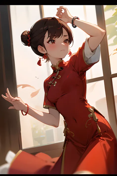 1girl, jewelry, chinese clothes, solo, china dress, dress, earrings, hair bun, red dress, short sleeves, blush, single hair bun, breasts, letterboxed, bracelet, closed mouth, brown hair, arm up, flower, short hair, medium breasts, indoors, looking away, wi...