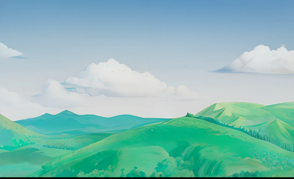 There is a picture of a blue mountain with the sky in the background, Detailed Scenery —Studio Ghibli Landscape, Green hills