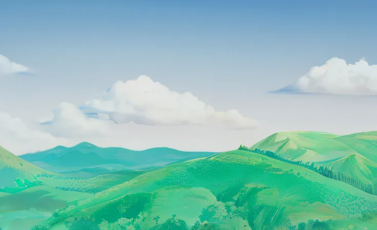 There is a picture of a blue mountain with the sky in the background, Detailed Scenery —Studio Ghibli Landscape, Green hills