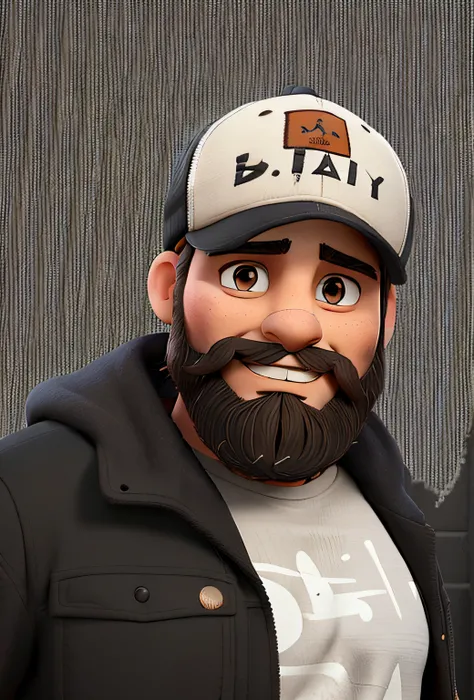 a man with a beard, and a cap, with a black beanie jacket, standing very cute and cuddly, with lots of clear texture details, with diffuse and soft lighting