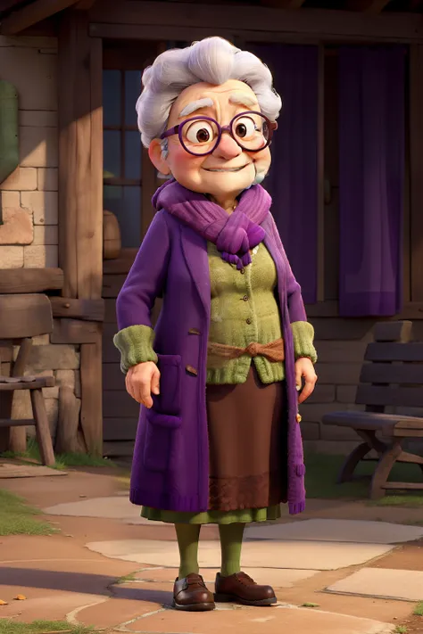 masterpiece, best quality, an old woman with glasses and a scarf on, wearing a purple coat and green scarf, standing at the park