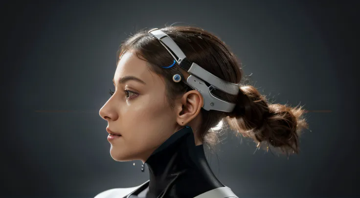 neutral background, sleek and minimalist, state-of-the-art neural implant that seamlessly integrates the human mind with digital technology. Using advanced nanotechnology, the device is implanted non-invasively and connects directly to the cognitive center...