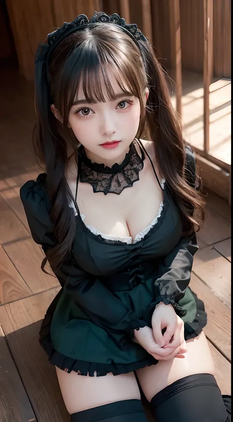 Innocent 18 year old girl、((Lolita Fashion,Gothic lolita,Black Green Gothic Lolita Dress,I can see the cleavage,Dramatic poses)),Smile,Twin-tailed,Curly hair,Background of Western-style buildings、Wooden wall background、Raw photo, (8K、top-quality、​masterpie...