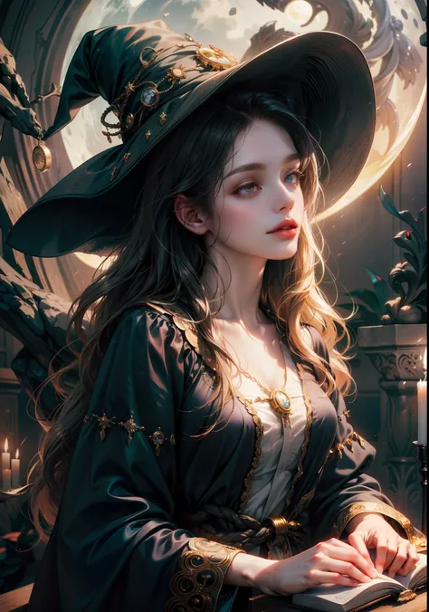 (best quality,4k,8k,highres,masterpiece:1.2),ultra-detailed,(realistic,photorealistic,photo-realistic:1.37),female witch,beautiful detailed eyes,beautiful detailed lips,extremely detailed eyes and face,long eyelashes,magic,enchanted forest,night scene,gold...