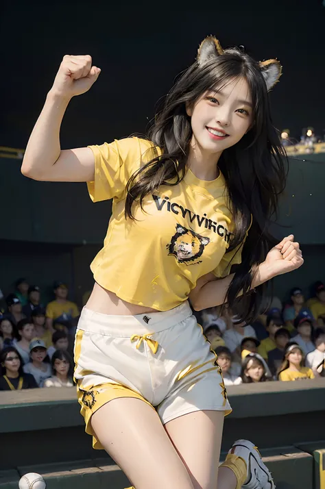 ​masterpiece,top-quality,超A high resolution,(One Woman:1.5),(25 years old),Ridiculous resolution, Ultra-detailed,Photorealsitic,(Beautiful long black hair:1.4),(Yellow cropped T-shirt:1.5),(white short pants:1.5),(Spectator seats in a packed baseball stadi...