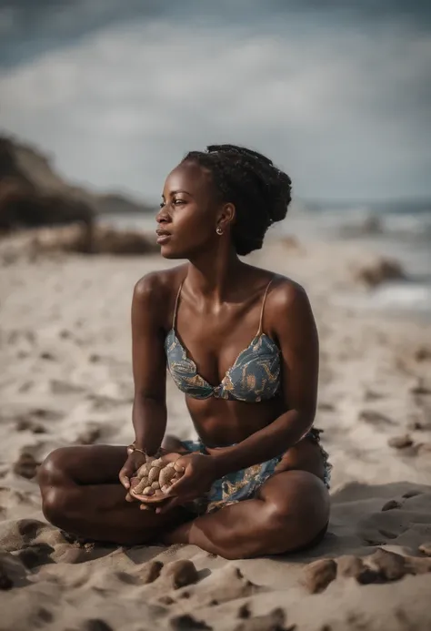 jovem africana com vestilo azul longa,na praia coberta com conchas,