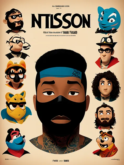 Make a Disney Pixar poster of a tattooed ninja black boy with the title Fladson