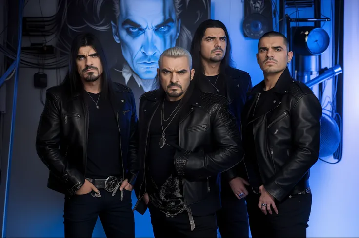 group of men in leather jackets standing in front of a blue background, Foto promocional da banda de rock pesado, new wave of british heavy metal, Promo da banda de heavy metal, Proto - Banda de Metal Promo, perturbado, menacing stare, metal escuro, apocal...