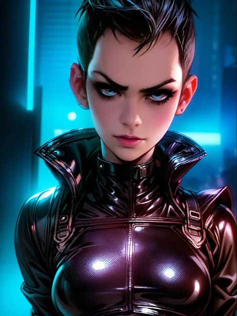 Negasonic Teenage Warhead,comic book style,explosive powers,confident attitude,futuristic outfit,[vibrant colors],beautiful detailed eyes,playful smirk,punk hairstyle,superhero pose,dark and moody lighting. (best quality,4k,highres:1.1),ultra-detailed, [co...