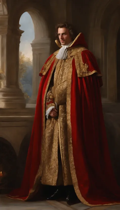 17th century man dressed in royal cloak, red with gold trim, in the style of photorealistic detailing, brushwork exploration, flickr, photorealistic renderings, dark white and amber, pseudo-realistic, religion, Ultra photo realsisim