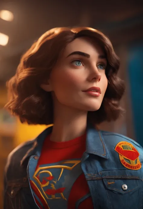 filme Marketing 2023 estilo filmes Pixar, Com nome "N - Marketing", poster, With short brunette hair and a superhero t-shirt with a denim shirt over it