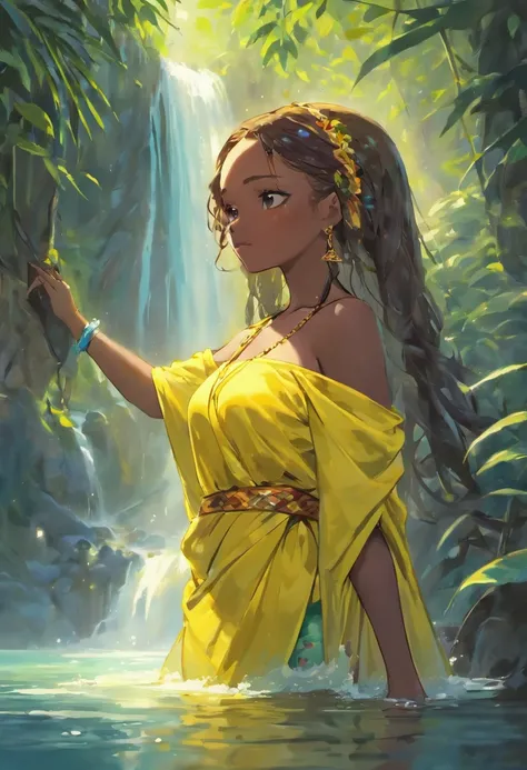 (black woman,wearing yellow African clothes,taking a bath in a waterfall,with a beautiful mirror in her hands,) (best quality,4k,8k,highres,masterpiece:1.2),ultra-detailed,(realistic,photorealistic,photo-realistic:1.37),HDR,UHD,studio lighting,ultra-fine p...