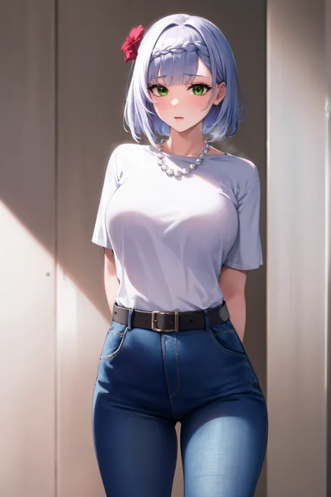 genshinnoelle, noelle, braid, flower, hair flower, hair ornament, short hair, silver hair, (green eyes:1.5),
BREAK belt, jeans, pearl_necklace, bracelet, black gloves, white shirt,
BREAK indoors, laboratory,
BREAK looking at viewer, (cowboy shot:1.5),stand...