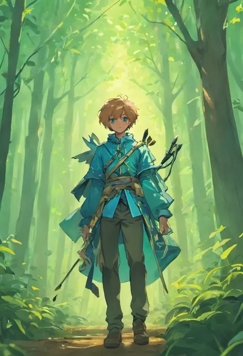 Young african hunter with a beautiful bow in his hands,In the middle of the forest hunting,with a cute hat dressed in blue and green clothes,