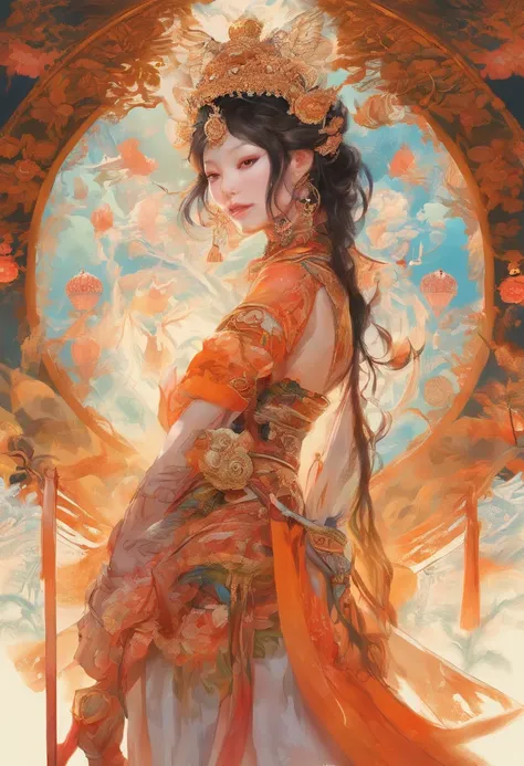 (((Masterpiece))), (((Best quality: 1.4))), ((Super detail: 1.4)) , Ultra-detailed gouache of a male Teflin, Oriental costumes,Wuxia,ogre,Gorgeous exotic, Amber neon eyes:1.5,  Orange hair, Ultra-detailed facial features, expressive face, Detailed textures...