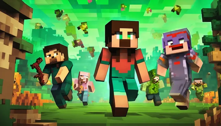 make me a Minecraft female character with a panicked face with white skin running from a lot of zombies, the zombie has green skin with a scary face and is chasing the woman in the background of the village at night