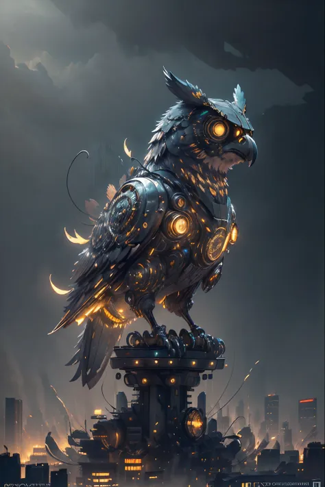 in the middle of the night, a robot owl in an abandoned city. its fuselage is made entirely of shiny metal, its mechanical struc...