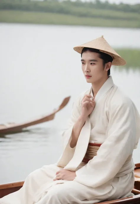 arafed man in a straw hat sitting on a boat, cai xukun, hanfu, chinese style, white hanfu, inspired by Bian Shoumin, inspired by Liu Jun, with acient chinese clothes, inspired by Huang Gongwang, inspired by Gu An, inspired by Chen Daofu, inspired by Xiao Y...