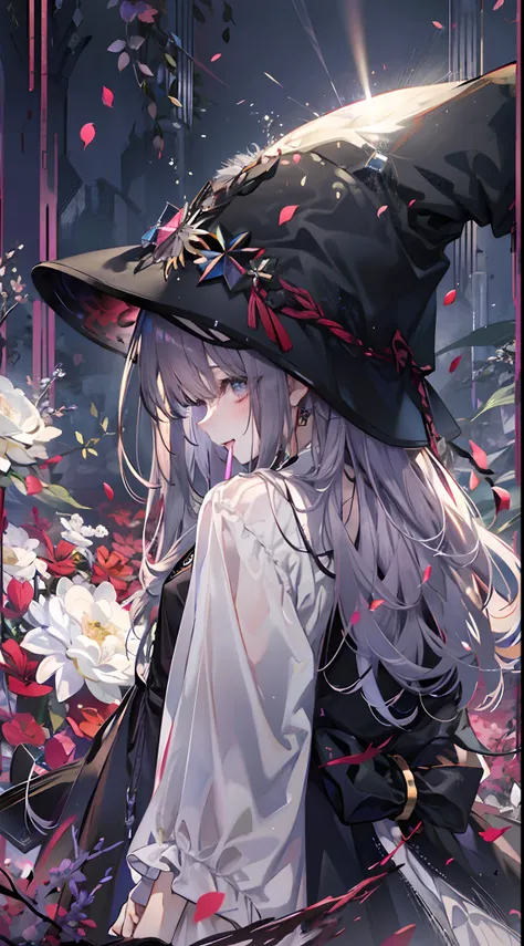 1girll， 黑The eye， White color blouse， Long black hair， looking at viewert， light particules， Smile with your mouth closed， starrysky， Wizards Hat， 无袖， bare shoulders​， By bangs， From the side Side，（ She wears a black hooded trench coat，There are fluff on i...