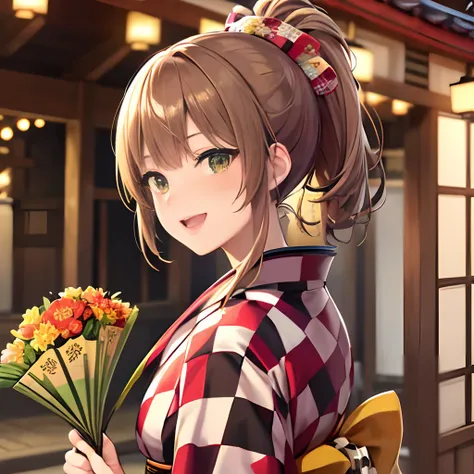 {{{{{masterpiece, best quality, ultra detailed}}}}}, 1 woman, happy laugh, beautiful ponytail hair style, beautiful face, beautiful large green eyes, have a colorful bouquet, beautiful shrine with autumn leaves background, (Checkered pattern kimono:1.5)