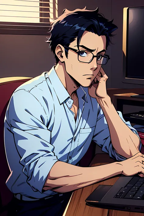 personagem homem , with the expression of surprise , Anime boy with glasses sitting at a desk with a computer, , em estilo anime, em estilo anime, studios estilo anime, Digital anime illustration, anime moe artstyle, arte anime de alta qualidade, fanart de...