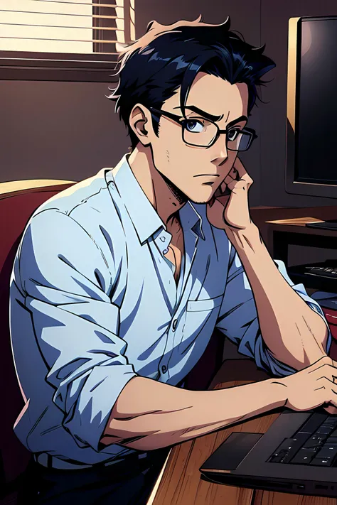 personagem homem , with the expression of surprise , Anime boy with glasses sitting at a desk with a computer, , em estilo anime, em estilo anime, studios estilo anime, Digital anime illustration, anime moe artstyle, arte anime de alta qualidade, fanart de...