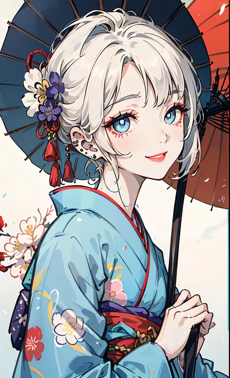 greyt hair、light blue  eyes、Fetishes、Flower tan、Light blue kimono、with floral pattern、Red band、light skinned、mascara、lipsticks、a smile、White parasol、piercings、A Japanese style