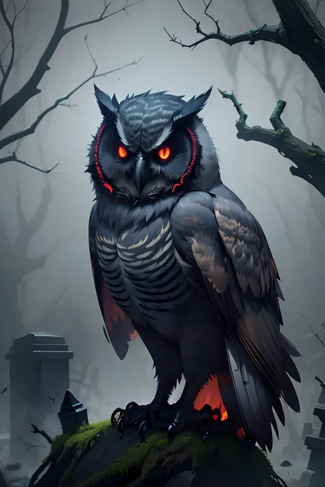 On an eerie night，A demonic owl。Its feathers are as black as ink，His eyes flashed with an evil red light。enviroment，The leaves wilt，Dead branches pierce the sky。Abandoned tombstones are covered with spreading moss，The ground was covered with a thick layer ...