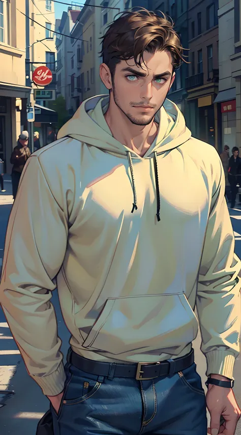 Handsome man , brown hair , very Short hair, ((Ivy League Haircut:1)) , green eyes , light skin ,((has facial stubble:1.3)), strong jawline , ((lithe:1.3)),((masculine:1)) , Well-defined body, Toned and lean , age 35, 


Wearing a hoodie , blue jeans , pla...