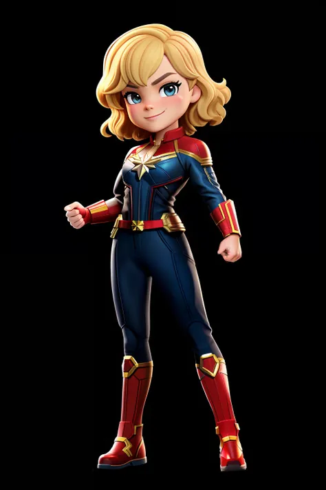 captain marvel, blonde, happy, ((black background)), (full body)