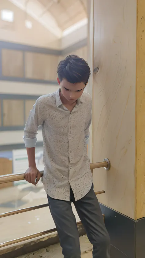 The image features a young boy sitting on a wooden bench, which is located near a fence. The boy is wearing a black shirt and appears to be looking at the camera. The bench is positioned in the middle of the scene, with the fence extending to the left and ...