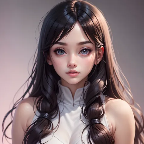 a beautiful girls wearing a white crop top, manhwa style, portrait, black hair, big eyes, aegyo sal, rosy cheek, gradient lips, ultra realistic, anime style, hyperrealistic photography, white background --auto --s2