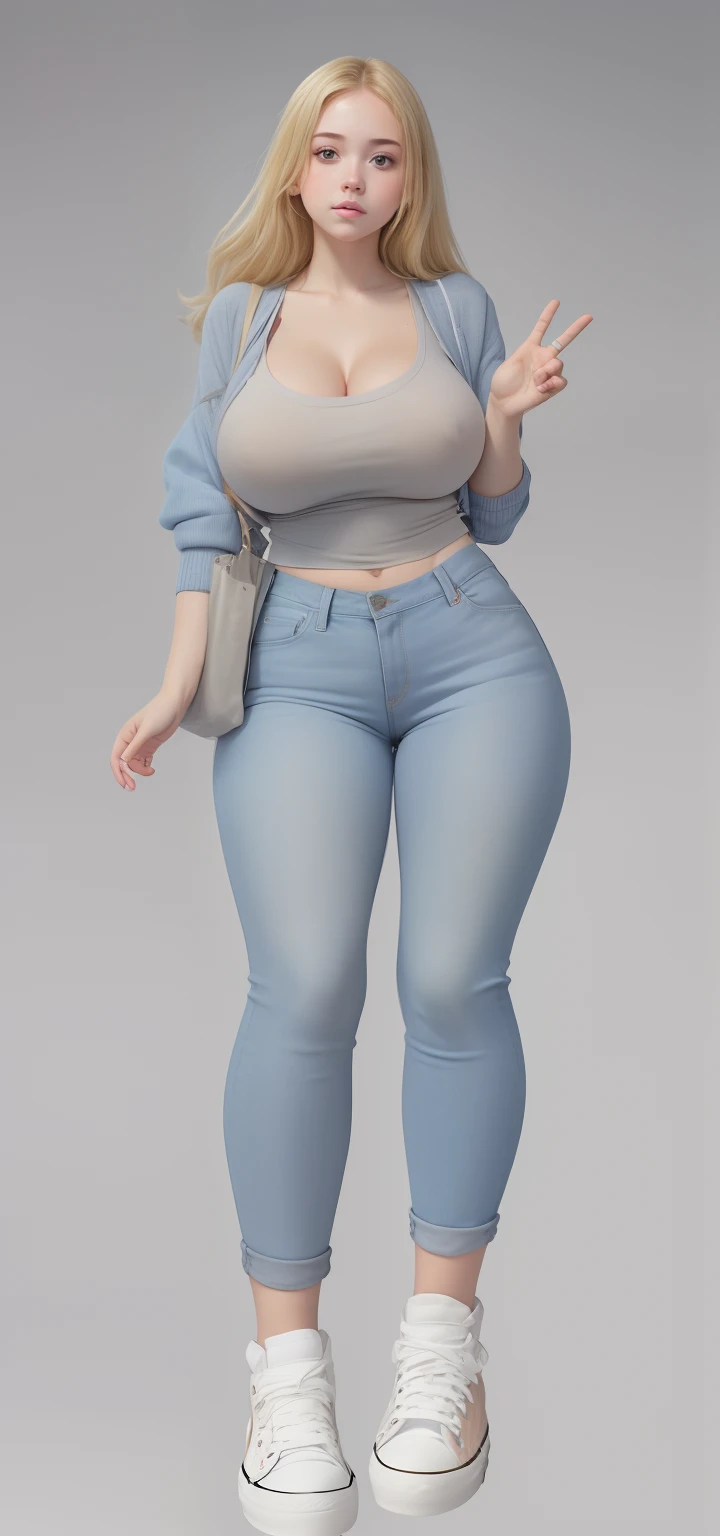 (best quality), big head, (1girl with gigantic breasts:1.3) Campus , Blonde Hair , White Pale Skin Tone , Cardigan , Tank Top , Jeans , Converse , Tote Bag , It Girl , 2000s , School Vibes , Nostalgic In School , Peace pose , Body Goals, Pretty , UHD , 8K ...