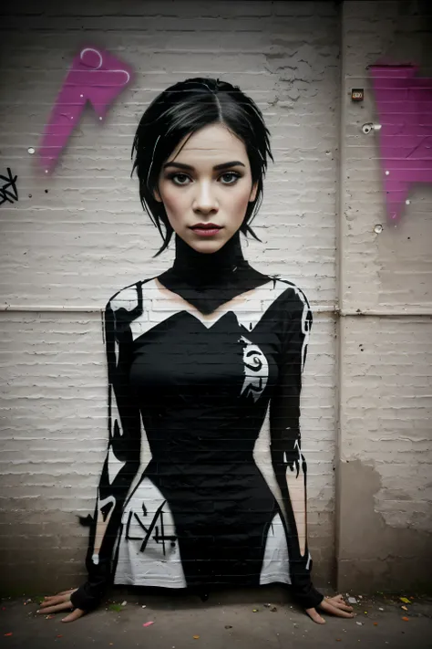 (style of banksy), cybergirl, grafitti, black wall background