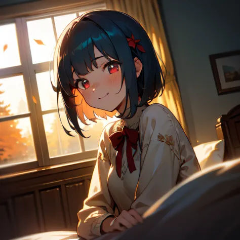 mastepiece, profesional artwork, sharp image, best quality, high quality, ultra quality, 1girl, dark cyan hair, short hair, straight hair, sweater, small breast, upper body, face focus, beautiful eyes, red eyes, glowing eyes, bedroom, falling leaves, snow,...