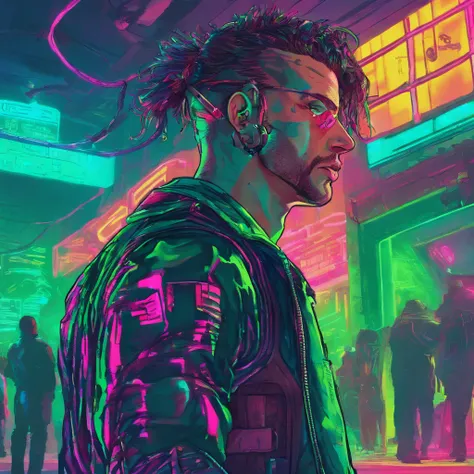 um agente cyberpunk masculino, Standing, Holding a noose, em um beco mal iluminado, Blue & Green Lighting, from the back, Close Angle Low