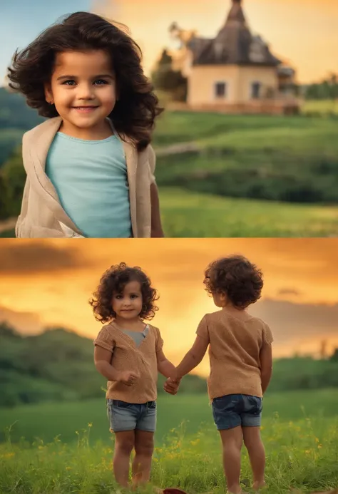 menino: Miguel, aproximadamente 5 anos de idade, cabelo curto estilo Disney, olhos castanhos e sorrisos. garota: Giovana, 2 anos, longos cabelos pretos e olhos azuis. scenecy: Miguel and Giovana are in a cozy little house in the valley, ao fundo um dia ens...