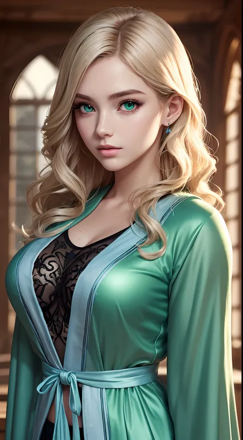 Hogwarts student girl, green eyes, Ultra detailed beautiful woman, voluminous breasts, of a 25-year-old woman, Stunningly beautiful, light-blonde color hair, wavy hairstyle, green color iris of the eyes, very long eyelashes, Stunningly beautiful face, holo...