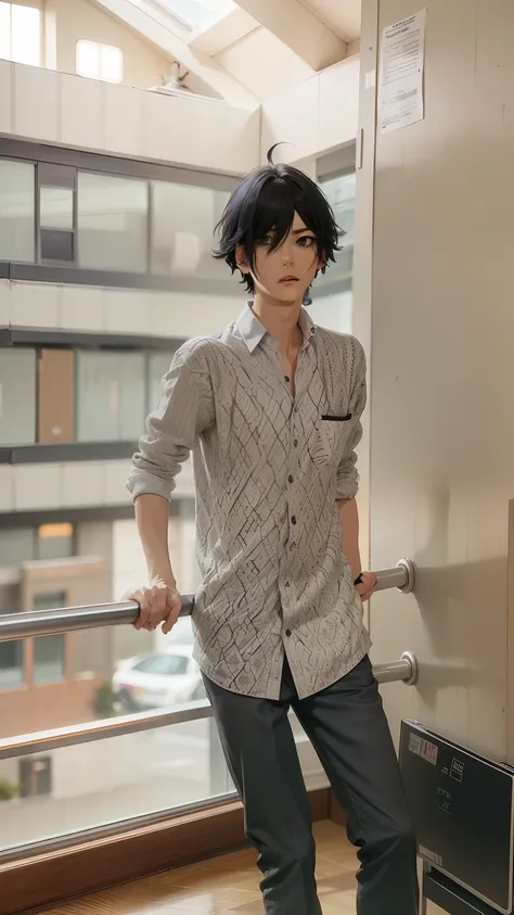 masterpiece, best quality, high quality, 1boy, solo, male focus, looking at viewer, upper body, miyamura, black hair, hair between eyes, blue eyes, short hair, bangs