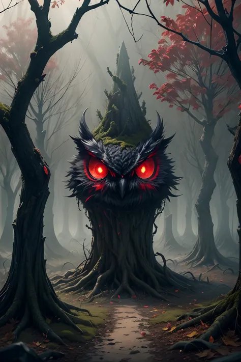 On an eerie night，Devilish owls，Sinister owls,Evil red eyes,Black as ink feathers，Glows an evil red light，The eyes glow an evil red，,The owls eyes shimmered with an evil red light。enviroment，Dead leaves,Wilted leaves,Dead branches pierce the sky，The leaves...