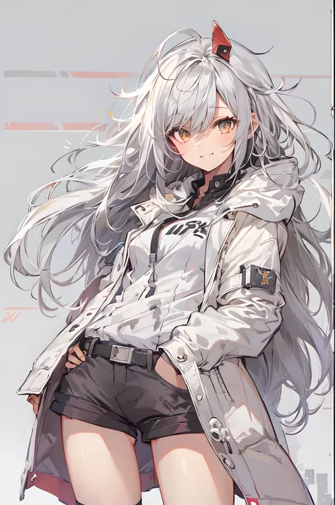 1girl, {solo}, upper body ,{{ {looking at viewer}}}, arm at side, concept art, white background, simple background, white hair, silver gradiient hair , complex cloth, asymmetrical clothes, virtual youtuber, best quality, masterpiece, dynamic angle, guilty ...